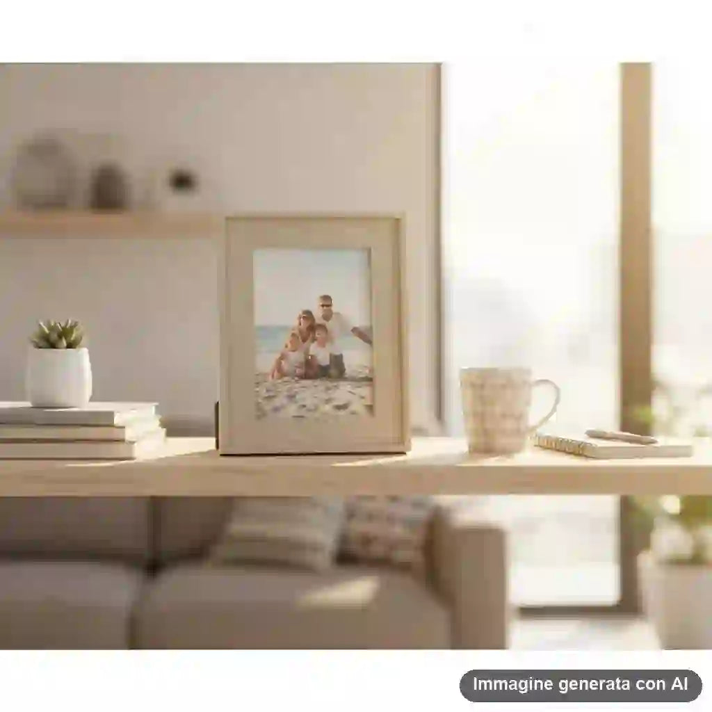 Portafoto 10x15 in legno chiaro con foto di famiglia sulla spiaggia, decorativo per parete o appoggio, ideale per arredamento casa