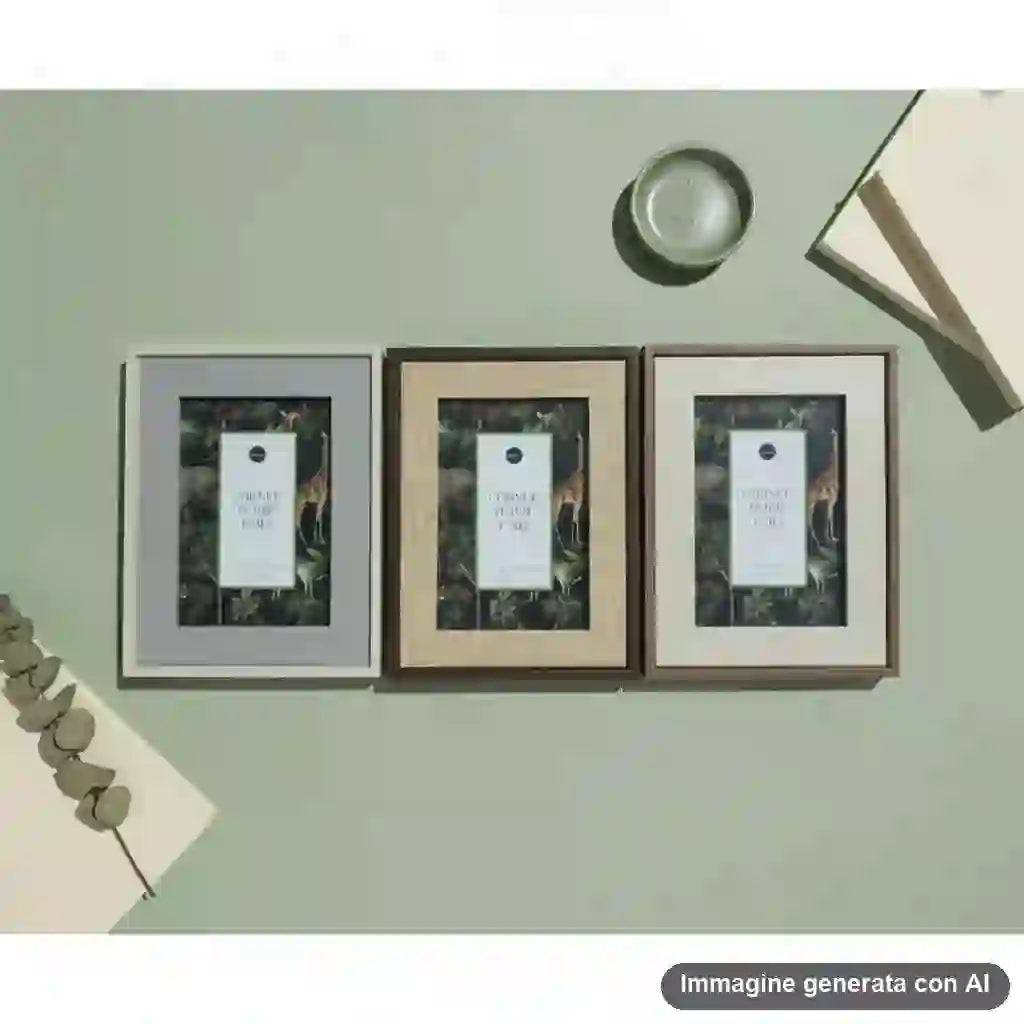 Tre cornici porta foto 10x15 in diversi colori e materiali, ideali per decorare pareti o superfici piane, con immagini.
